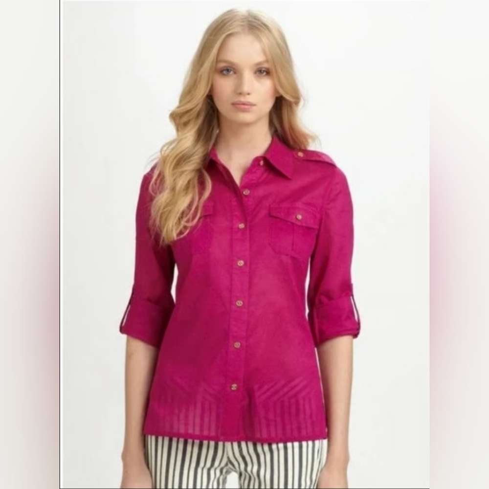 ❤️ TORY BURCH BRIGETTE FITTED BUTTON DOWN COTTON SHIRT / TOP IN MAGENTA, 6